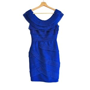BCBGMAXAZRIA Briana Blue Sapphire Ruffled Pleated Tulle Fitted Dress, Size XS